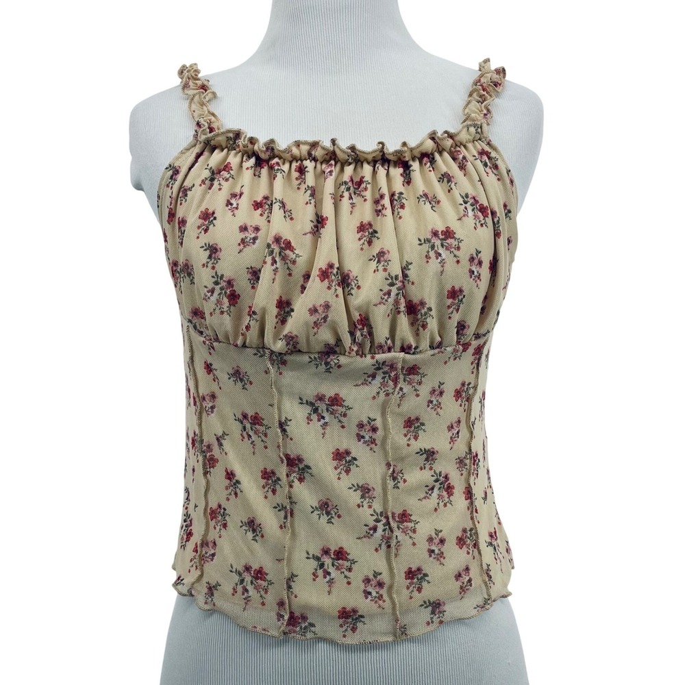 Papaya‎ Women M Camisole Tan Red Floral Mesh Corset Style Ruffle Top Babydoll